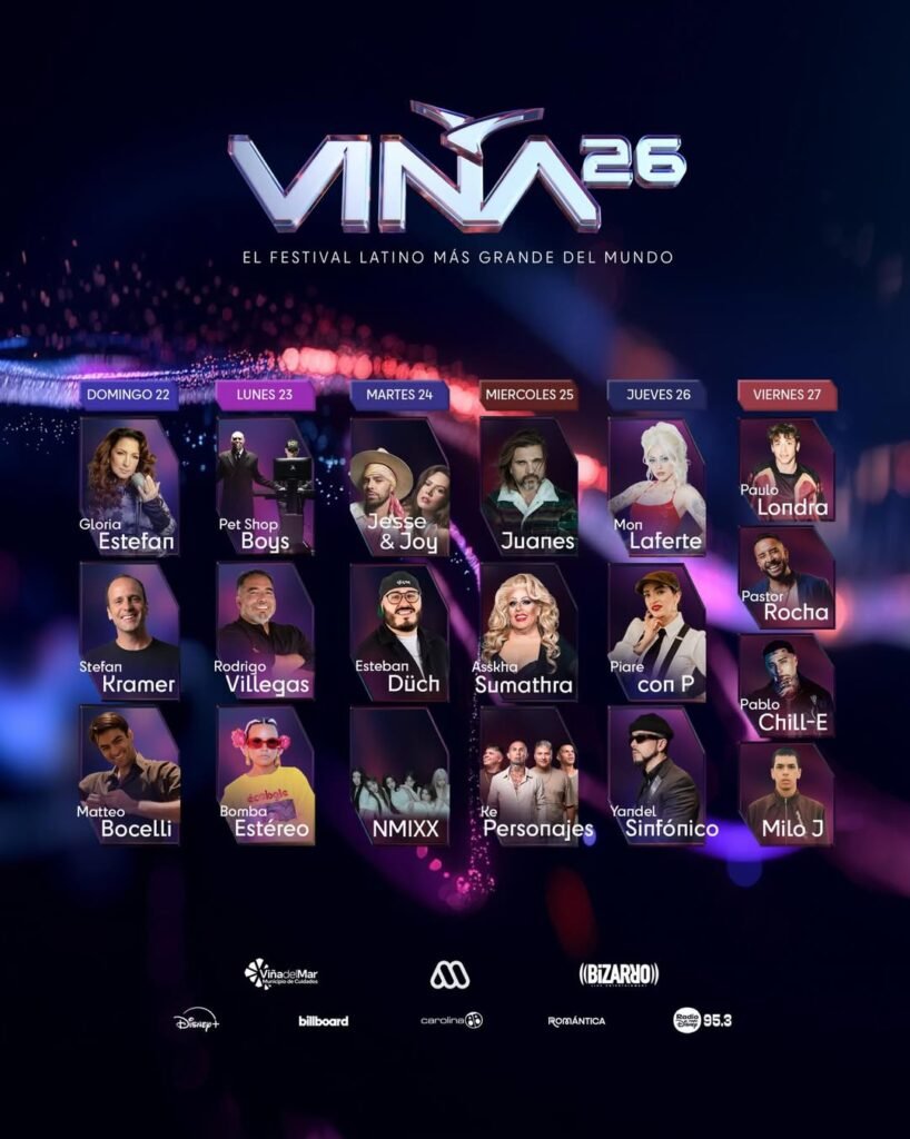 Parrilla completa de artistas Viña del Mar 2026 / Créditos: Instagram El festival de viña