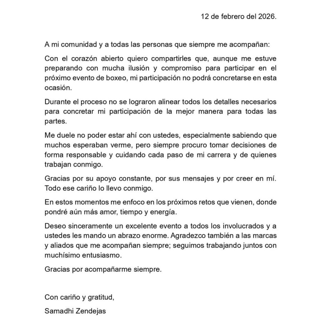 Comunicado oficial Samadhi Zendejas / Créditos: Isntagram Samadhi Zendejas